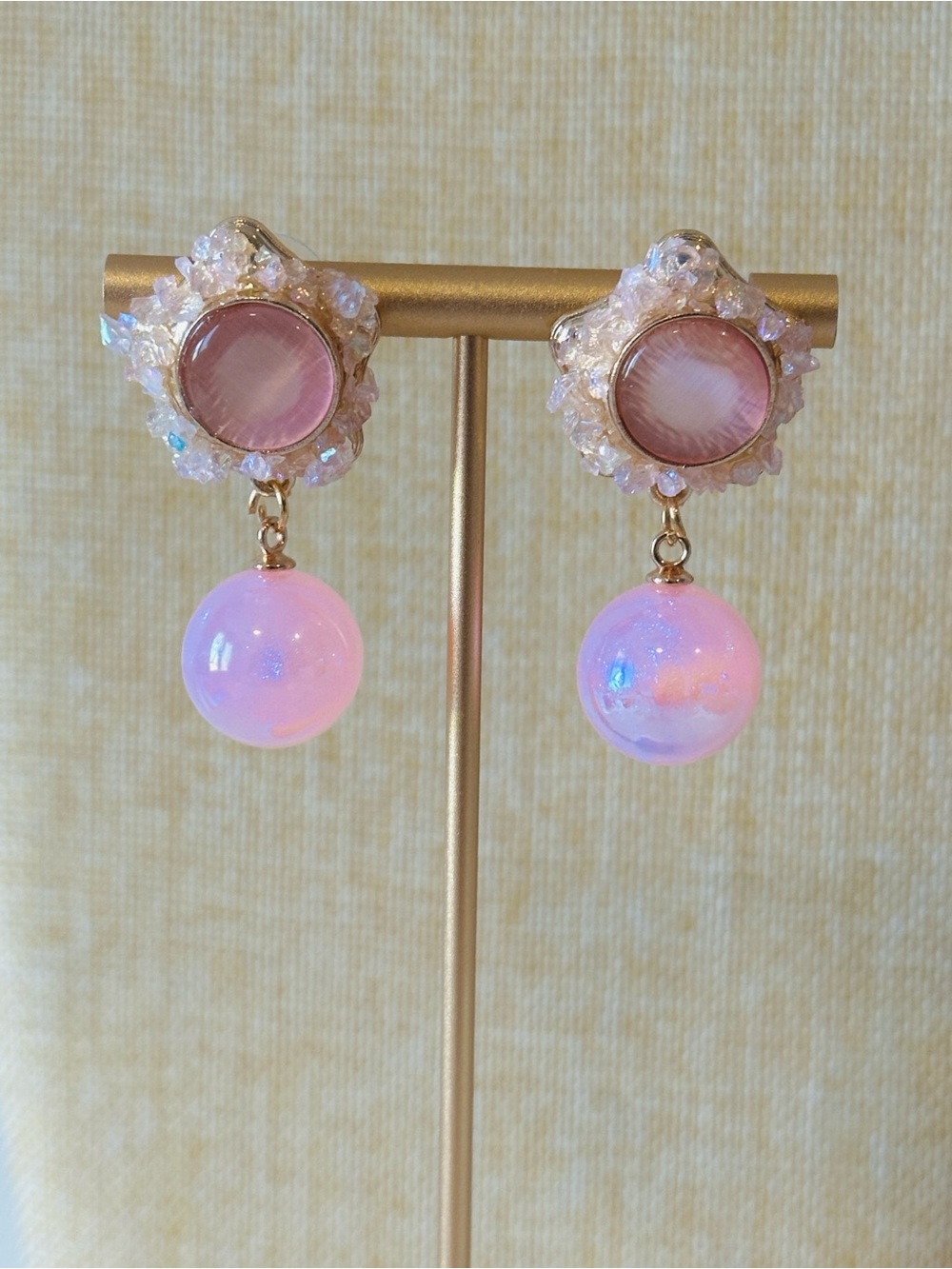 Fashion Jewelry Gold-Tone Earrings with Pink Opalescent Drops